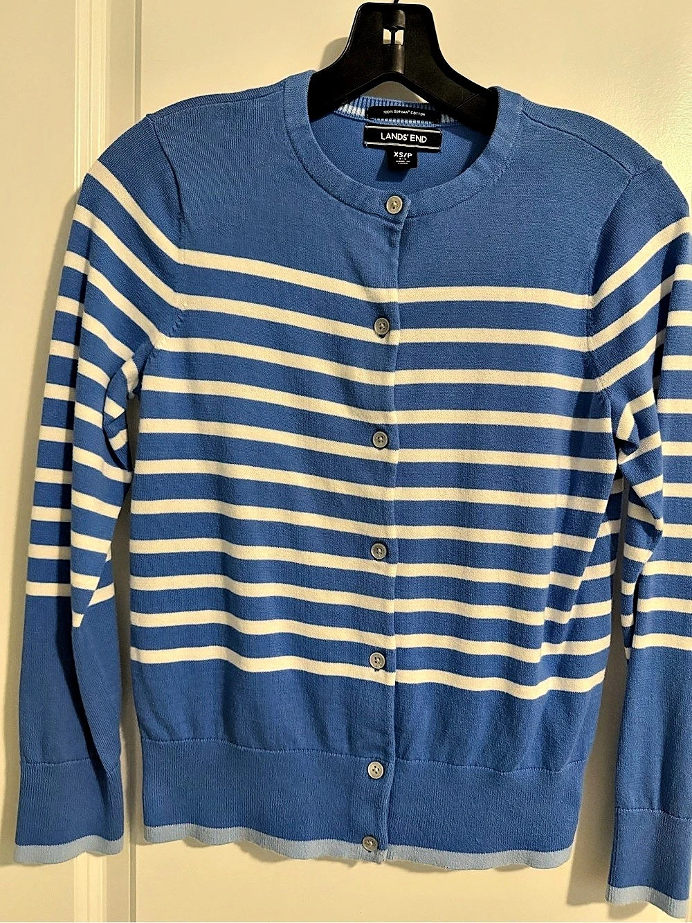 Lands' End Women's Supima Cotton Striped Crewneck Cardigan Supima Cotton Striped